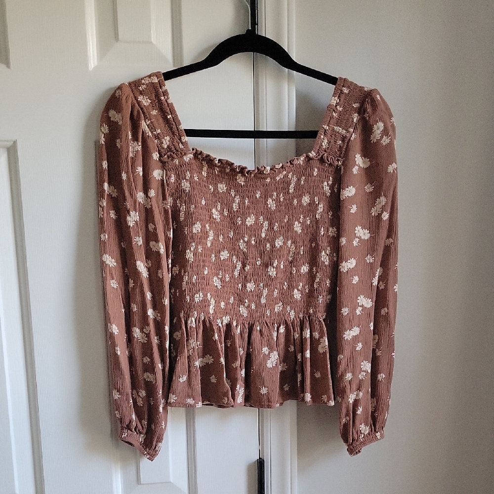 Altar'd State Floral Smocked Tan Blouse
